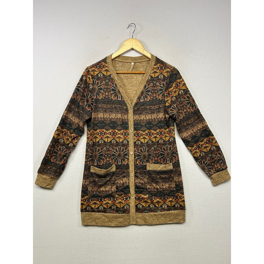 Boho Southwestern GRECERELLE Womens Medium Tan Geometric Floral Long Cardigan